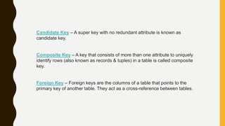Candidate Key – A super key with no redundant attribute is known as
candidate key.
Composite Key – A key that consists of more than one attribute to uniquely
identify rows (also known as records & tuples) in a table is called composite
key.
Foreign Key – Foreign keys are the columns of a table that points to the
primary key of another table. They act as a cross-reference between tables.
 