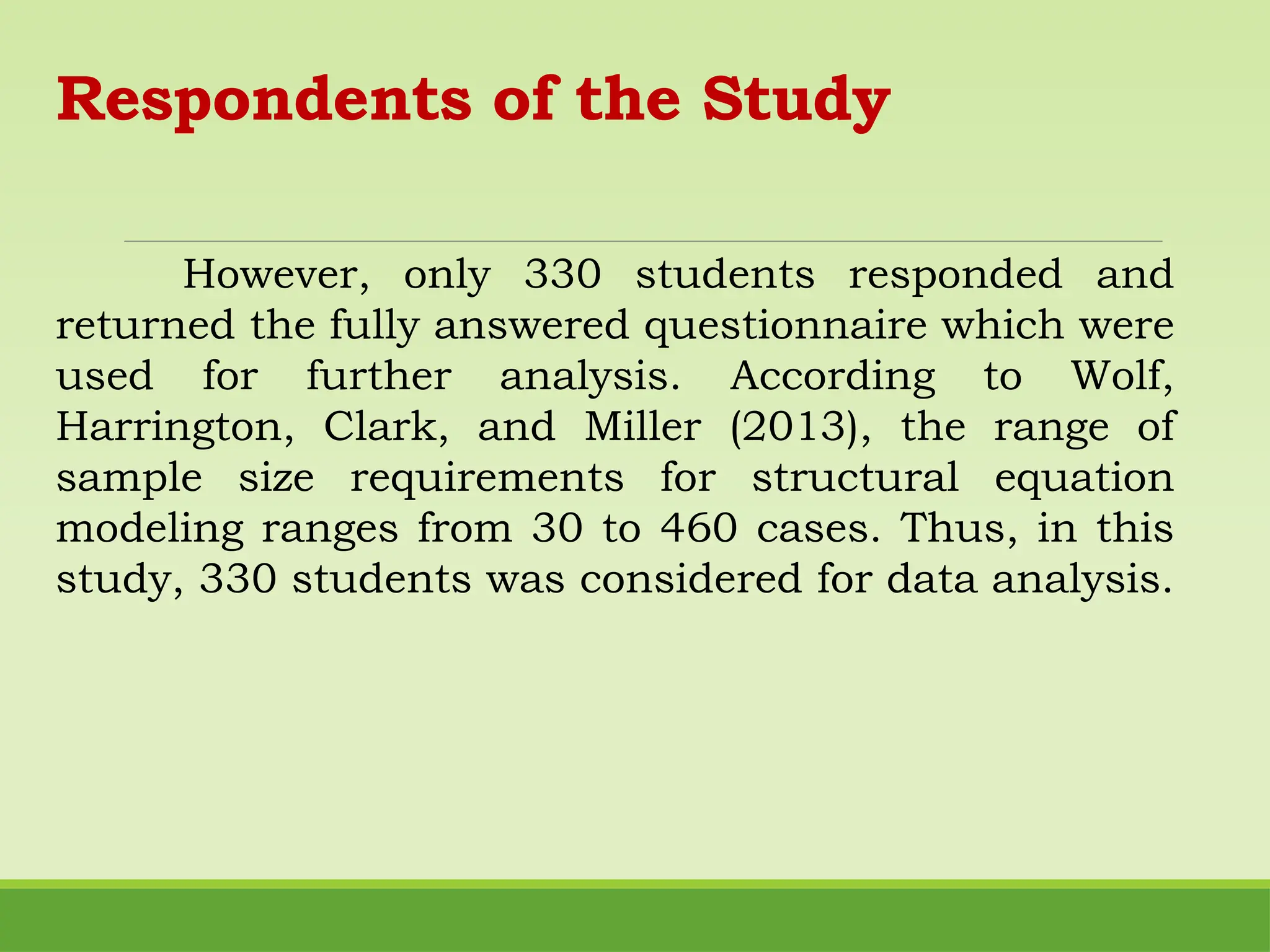 Respondents of the Study
However, only 330 students responded and
returned the fully answered questionnaire which were
used for further analysis. According to Wolf,
Harrington, Clark, and Miller (2013), the range of
sample size requirements for structural equation
modeling ranges from 30 to 460 cases. Thus, in this
study, 330 students was considered for data analysis.
 