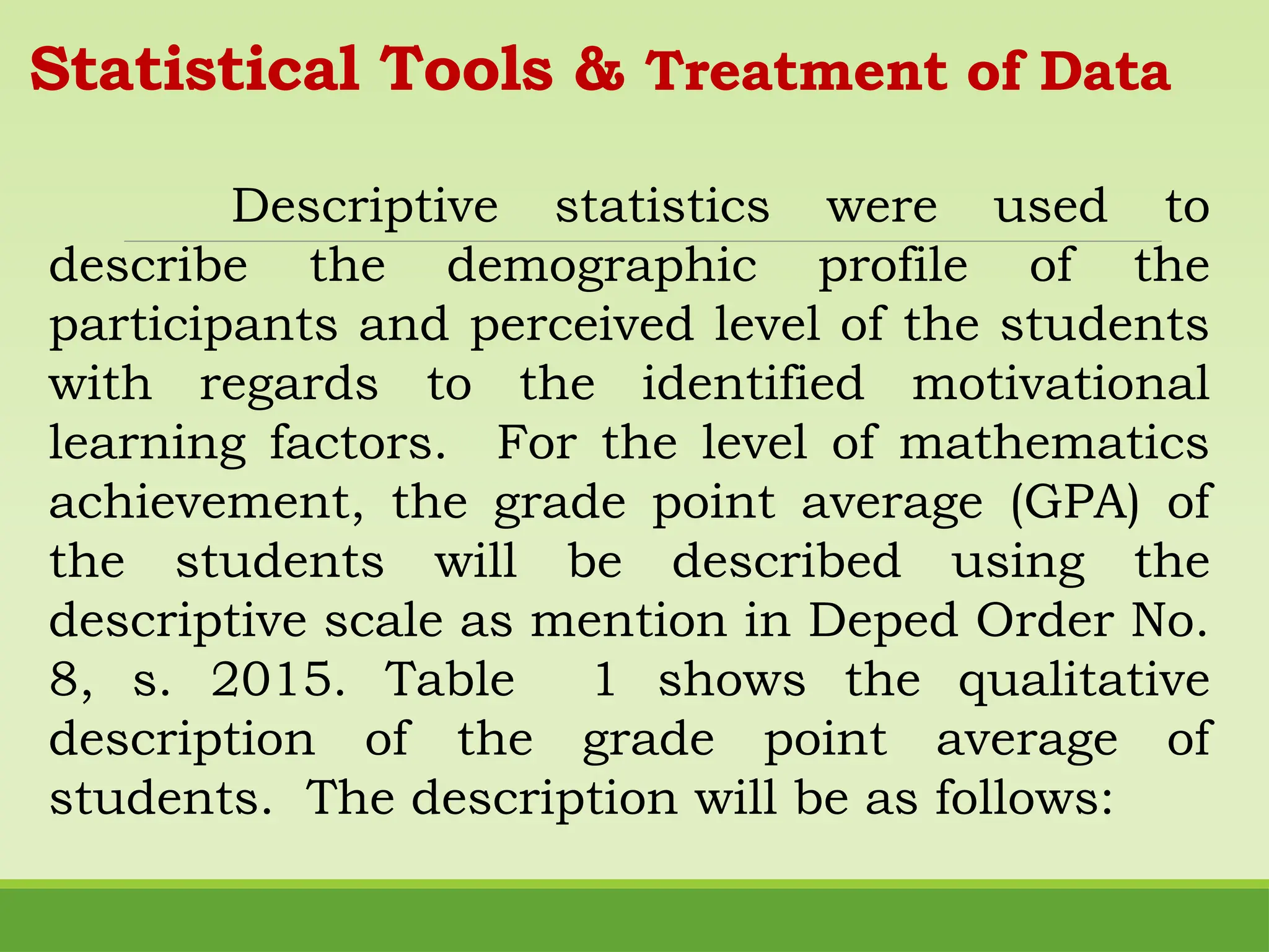 Statistical Tools & Treatment of Data
Descriptive statistics were used to
describe the demographic profile of the
participants and perceived level of the students
with regards to the identified motivational
learning factors. For the level of mathematics
achievement, the grade point average (GPA) of
the students will be described using the
descriptive scale as mention in Deped Order No.
8, s. 2015. Table 1 shows the qualitative
description of the grade point average of
students. The description will be as follows:
 