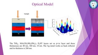 Optical Model
The TiO2 , MA(CH3NH3PbI3 ), P3 HT layers act as p-i-n layer and these
thicknesses are 40 nm, 360 nm, 10 nm. The Ag metal works as back reflector
and its thickness is 200 nm.
11
 