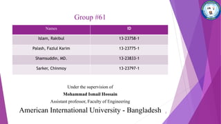 Group #61
Under the supervision of
Mohammad Ismail Hossain
Assistant professor, Faculty of Engineering
American International University - Bangladesh 2
Names ID
Islam, Rakibul 13-23758-1
Palash, Fazlul Karim 13-23775-1
Shamsuddin, MD. 13-23833-1
Sarker, Chinmoy 13-23797-1
 