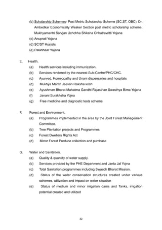 (b) Scholarship Schemes- Post Metric Scholarship Scheme (SC,ST, OBC), Dr.
Ambedkar Economically Weaker Section post metric scholarship scheme,
Mukhyamantri Sarvjan Uchchha Shiksha Chhatravritti Yojana


(c) Anuprati Yojana


(d) SC/ST Hostels


(e) Palanhaar Yojana


E. Health.


(a)
	
Health services including immunization.


(b)
	
Services rendered by the nearest Sub-Centre/PHC/CHC.


(c)
	
Ayurved, Homeopathy and Unani dispensaries and hospitals


(d) Mukhya Mantri Jeevan Raksha kosh


(e) Ayushman Bharat Mahatma Gandhi Rajasthan Swasthya Bima Yojana


(f) Janani Surakhsha Yojna


(g) Free medicine and diagnostic tests scheme


F.
	
Forest and Environment.


(a)
	
Programmes implemented in the area by the Joint Forest Management
Committee.


(b)
	
Tree Plantation projects and Programmes


(c)
	
Forest Dwellers Rights Act


(d) Minor Forest Produce collection and purchase


G.
	
Water and Sanitation.


(a)
	
Quality & quantity of water supply.


(b)
	
Services provided by the PHE Department and Janta Jal Yojna


(c)
	
Total Sanitation programmes including Swaach Bharat Mission.


(d) Status of the water conservation structures created under various
schemes, utilization and impact on water situation


(e) Status of medium and minor irrigation dams and Tanks, irrigation
potential created and utilized




32
 