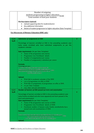 NAAC for Quality and Excellence in Higher Education
100
Number of outgoing
students progressing to higher education
Total number of final year students
X100
File Description (Upload)
 Upload supporting data for student/alumni
 Any additional information
 Details of student progression to higher education (Data Template)
For Directorate of Distance Education (DDE only)
5.2.4
QnM
Submission of assignments at DDE
Percentage of learners enrolled at DDE in the preceding academic year
(only newly enrolled) who have submitted assignments as per the
academic calendar
Data requirement: (As per Data Template)
 Name of the programme and courses
 Programme wise Enrollment details
 Number of assignment(s) per course
 Number of assignment(s) submitted per course
Formula:
Percentage per year =
Upload:
 Web-link to academic calendar of the DDE
 List of programmes on offer at DDE
 Web-link of assignments of programmes on offer at DDE
 As per Data Template
 Any other relevant information
2
5.2.5
QnM
Number of learners of DDE passed out term end examination
Percentage of learners enrolled at DDE in the preceding academic year
(only freshly enrolled) and who have appeared and have passed in the
term end examination
Data requirement:(As per Data Template)
 Name of the programme and courses of DDE
 Programme wise Enrollment details of DDE
 Enrolment number of learners (only freshly enrolled)who have
passed term end examinations of DDE
Formula:
Upload:
2
 