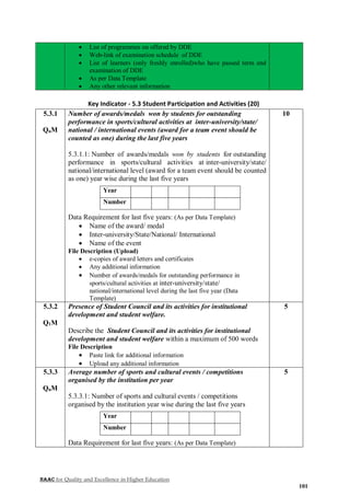 NAAC for Quality and Excellence in Higher Education
101
 List of programmes on offered by DDE
 Web-link of examination schedule of DDE
 List of learners (only freshly enrolled)who have passed term end
examination of DDE
 As per Data Template
 Any other relevant information
Key Indicator - 5.3 Student Participation and Activities (20)
5.3.1
QnM
Number of awards/medals won by students for outstanding
performance in sports/cultural activities at inter-university/state/
national / international events (award for a team event should be
counted as one) during the last five years
5.3.1.1: Number of awards/medals won by students for outstanding
performance in sports/cultural activities at inter-university/state/
national/international level (award for a team event should be counted
as one) year wise during the last five years
Year
Number
Data Requirement for last five years: (As per Data Template)
 Name of the award/ medal
 Inter-university/State/National/ International
 Name of the event
File Description (Upload)
 e-copies of award letters and certificates
 Any additional information
 Number of awards/medals for outstanding performance in
sports/cultural activities at inter-university/state/
national/international level during the last five year (Data
Template)
10
5.3.2
Q1M
Presence of Student Council and its activities for institutional
development and student welfare.
Describe the Student Council and its activities for institutional
development and student welfare within a maximum of 500 words
File Description
 Paste link for additional information
 Upload any additional information
5
5.3.3
QnM
Average number of sports and cultural events / competitions
organised by the institution per year
5.3.3.1: Number of sports and cultural events / competitions
organised by the institution year wise during the last five years
Year
Number
Data Requirement for last five years: (As per Data Template)
5
 