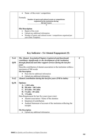 NAAC for Quality and Excellence in Higher Education
102
 Name of the event / competition
Formula:
𝐍𝐮𝐦𝐛𝐞𝐫 𝐨𝐟 𝐬𝐩𝐨𝐫𝐭𝐬 𝐚𝐧𝐝 𝐜𝐮𝐥𝐭𝐮𝐫𝐚𝐥 𝐞𝐯𝐞𝐧𝐭𝐬 𝐨𝐫 𝐜𝐨𝐦𝐩𝐞𝐭𝐢𝐭𝐢𝐨𝐧𝐬
𝐨𝐫𝐠𝐚𝐧𝐢𝐬𝐞𝐝 𝐛𝐲 𝐭𝐡𝐞 𝐢𝐧𝐬𝐭𝐢𝐭𝐮𝐭𝐢𝐨𝐧 𝐝𝐮𝐫𝐢𝐧𝐠
𝐭𝐡𝐞 𝐥𝐚𝐬𝐭 𝟓 𝐲𝐞𝐚𝐫𝐬
𝟓
File Description
 Report of the event
 Upload any additional information
 Number of sports and cultural events / competitions organised per
year (Data Template)
Key Indicator - 5.4 Alumni Engagement (5)
5.4.1
QlM
The Alumni Association/Chapters (registered and functional)
contributes significantly to the development of the institution
through financial and other support services during the last five
years
Describe contribution of alumni association to the institution within a
maximum of 500 words
File Description
 Paste link for additional information
 Upload any additional information
2
5.4.2
QnM
Alumni contribution during the last five years (INR in lakhs)
Options:
A. ≥ 100 Lakhs
B. 50Lakhs - 100 Lakhs
C. 20 Lakhs - 50 Lakhs
D. 5 Lakhs - 20 Lakhs
E. <5 Lakhs
Data Requirement for last five years (year wise):
 Alumni association / Name of the alumnus
 Quantum of contribution
 Audited Statement of account of the institution reflecting the
receipts.
File Description
 Upload any additional information
3
 