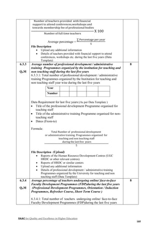 NAAC for Quality and Excellence in Higher Education
105
Number of teachers provided with financial
support to attend conferences,workshops and
towards membership fee of professional bodies
Number of full time teachers
X 100
Average percentage =
∑ Percentage per year
5
File Description
 Upload any additional information
 Details of teachers provided with financial support to attend
conferences, workshops etc. during the last five years (Data
Template)
6.3.3
QnM
Average number of professional development / administrative
training Programmes organized by the institution for teaching and
non teaching staff during the last five years
6.3.3.1: Total number of professional development / administrative
training Programmes organized by the Institution for teaching and
non teaching staff year wise during the last five years
Year
Number
Data Requirement for last five years:(As per Data Template )
 Title of the professional development Programme organised for
teaching staff
 Title of the administrative training Programme organised for non-
teaching staff
 Dates (From-to)
Formula:
Total Number of professional development
or administrative training Programmes organized for
teaching and non teaching staff
during the last five years
5
File Description (Upload)
 Reports of the Human Resource Development Centres (UGC
HRDC or other relevant centres).
 Reports of HRDC or similar centers
 Upload any additional information
 Details of professional development / administrative training
Programmes organized by the University for teaching and non
teaching staff (Data Template)
8
6.3.4
QnM
Average percentage of teachers undergoing online/ face-to-face
Faculty Development Programmes (FDP)during the last five years
(Professional Development Programmes, Orientation / Induction
Programmes, Refresher Course, Short Term Course )
6.3.4.1: Total number of teachers undergoing online/ face-to-face
Faculty Development Programmes (FDP)during the last five years
8
 