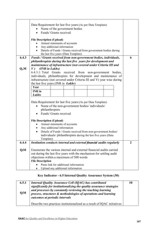 NAAC for Quality and Excellence in Higher Education
107
Data Requirement for last five years:(As per Data Template)
 Name of the government bodies
 Funds/ Grants received
File Description (Upload)
 Annual statements of accounts
 Any additional information
 Details of Funds / Grants received from government bodies during
the last five years (Data Template)
6.4.3
QnM
Funds / Grants received from non-government bodies, individuals,
philanthropists during the last five years for development and
maintenance of infrastructure (not covered under Criteria III and
V ) (INR in Lakhs)
6.4.3.1: Total Grants received from non-government bodies,
individuals, philanthropists for development and maintenance of
infrastructure (not covered under Criteria III and V) year wise during
the last five years (INR in Lakhs)
Year
INR in
Lakhs
Data Requirement for last five years:(As per Data Template)
 Name of the non-government bodies/ individuals/
philanthropists
 Funds/ Grants received
File Description (Upload)
 Annual statements of accounts
 Any additional information
 Details of Funds / Grants received from non-government bodies/
individuals/ philanthropists during the last five years (Data
Template)
6
6.4.4
QlM
Institution conducts internal and external financial audits regularly
Enumerate the various internal and external financial audits carried
out during the last five years with the mechanism for settling audit
objections within a maximum of 500 words
File Description
 Paste link for additional information
 Upload any additional information
2
Key Indicator - 6.5 Internal Quality Assurance System (30)
6.5.1
QlM
Internal Quality Assurance Cell (IQAC) has contributed
significantly for institutionalizing the quality assurance strategies
and processes by constantly reviewing the teaching learning
process, structures & methodologies of operations and learning
outcomes at periodic intervals
Describe two practices institutionalized as a result of IQAC initiatives
10
 