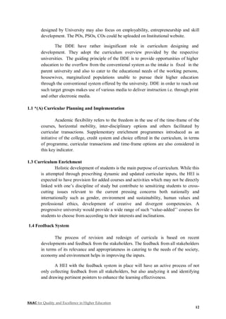 NAAC for Quality and Excellence in Higher Education
12
designed by University may also focus on employability, entrepreneurship and skill
development. The POs, PSOs, COs could be uploaded on Institutional website.
The DDE have rather insignificant role in curriculum designing and
development. They adopt the curriculum overview provided by the respective
universities. The guiding principle of the DDE is to provide opportunities of higher
education to the overflow from the conventional system as the intake is fixed in the
parent university and also to cater to the educational needs of the working persons,
housewives, marginalized populations unable to pursue their higher education
through the conventional system offered by the university. DDE in order to reach out
such target groups makes use of various media to deliver instruction i.e. through print
and other electronic media.
1.1 *(A) Curricular Planning and Implementation
Academic flexibility refers to the freedom in the use of the time-frame of the
courses, horizontal mobility, inter-disciplinary options and others facilitated by
curricular transactions. Supplementary enrichment programmes introduced as an
initiative of the college, credit system and choice offered in the curriculum, in terms
of programme, curricular transactions and time-frame options are also considered in
this key indicator.
1.3 Curriculum Enrichment
Holistic development of students is the main purpose of curriculum. While this
is attempted through prescribing dynamic and updated curricular inputs, the HEI is
expected to have provision for added courses and activities which may not be directly
linked with one’s discipline of study but contribute to sensitizing students to cross-
cutting issues relevant to the current pressing concerns both nationally and
internationally such as gender, environment and sustainability, human values and
professional ethics, development of creative and divergent competencies. A
progressive university would provide a wide range of such “value-added’’ courses for
students to choose from according to their interests and inclinations.
1.4 Feedback System
The process of revision and redesign of curricula is based on recent
developments and feedback from the stakeholders. The feedback from all stakeholders
in terms of its relevance and appropriateness in catering to the needs of the society,
economy and environment helps in improving the inputs.
A HEI with the feedback system in place will have an active process of not
only collecting feedback from all stakeholders, but also analyzing it and identifying
and drawing pertinent pointers to enhance the learning effectiveness.
 