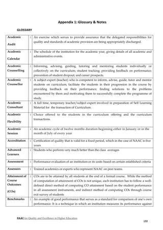 NAAC for Quality and Excellence in Higher Education
155
Appendix 1: Glossary & Notes
GLOSSARY
Academic
Audit
: An exercise which serves to provide assurance that the delegated responsibilities for
quality and standards of academic provision are being appropriately discharged.
Academic
Calendar
: The schedule of the institution for the academic year, giving details of all academic and
administrative events.
Academic
Counselling
: Informing, advising, guiding, tutoring and mentoring students individually or
collectively on the curriculum; student tracking; providing feedback on performance;
prevention of student dropout; and career prospects.
Academic
Counsellor
: A subject expert (teacher) who is competent to inform, advise, guide, tutor and mentor
students on curriculum; facilitate the students in their progression in the course by
providing feedback on their performance; finding solutions to the problems
encountered by them and motivating them to successfully complete the programme of
study.
Academic
Consultant
: A full time, temporary teacher/subject expert involved in preparation of Self Learning
Material for the transaction of Curriculum.
Academic
Flexibility
: Choice offered to the students in the curriculum offering and the curriculum
transactions.
Academic
Session
: An academic cycle of twelve months duration beginning either in January or in the
month of July of every year
Accreditation : Certification of quality that is valid for a fixed period, which in the case of NAAC is five
years
Advanced
Learners
: Students who perform very much better than the class averages
Assessment : Performance evaluation of an institution or its units based on certain established criteria
Assessors : Trained academics or experts who represent NAAC on peer teams.
Attainment of
Course
Outcomes
(COs)
: COs are to be attained by all students at the end of a formal course. While the method
of computation of attainment of COs is not unique, each institution has to follow a well-
defined direct method of computing CO attainment based on the student performance
in all assessment instruments, and indirect method of computing COs through course
exit survey of students
Benchmarks : An example of good performance that serves as a standard for comparison of one’s own
performance. It is a technique in which an institution measures its performance against
 