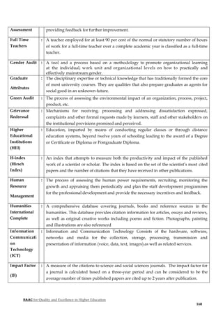NAAC for Quality and Excellence in Higher Education
160
Assessment providing feedback for further improvement.
Full Time
Teachers
: A teacher employed for at least 90 per cent of the normal or statutory number of hours
of work for a full-time teacher over a complete academic year is classified as a full-time
teacher.
Gender Audit : A tool and a process based on a methodology to promote organizational learning
at the individual, work unit and organizational levels on how to practically and
effectively mainstream gender.
Graduate
Attributes
: The disciplinary expertise or technical knowledge that has traditionally formed the core
of most university courses. They are qualities that also prepare graduates as agents for
social good in an unknown future.
Green Audit : The process of assessing the environmental impact of an organization, process, project,
product, etc.
Grievance
Redressal
: Mechanisms for receiving, processing and addressing dissatisfaction expressed,
complaints and other formal requests made by learners, staff and other stakeholders on
the institutional provisions promised and perceived.
Higher
Educational
Institutions
(HEI)
: Education, imparted by means of conducting regular classes or through distance
education systems, beyond twelve years of schooling leading to the award of a Degree
or Certificate or Diploma or Postgraduate Diploma.
H-index
(Hirsch
Index)
: An index that attempts to measure both the productivity and impact of the published
work of a scientist or scholar. The index is based on the set of the scientist’s most cited
papers and the number of citations that they have received in other publications.
Human
Resource
Management
: The process of assessing the human power requirements, recruiting, monitoring the
growth and appraising them periodically and plan the staff development programmes
for the professional development and provide the necessary incentives and feedback.
Humanities
International
Complete
: A comprehensive database covering journals, books and reference sources in the
humanities. This database provides citation information for articles, essays and reviews,
as well as original creative works including poems and fiction. Photographs, painting
and illustrations are also referenced
Information
Communicati
on
Technology
(ICT)
: Information and Communication Technology Consists of the hardware, software,
networks and media for the collection, storage, processing, transmission and
presentation of information (voice, data, text, images) as well as related services.
Impact Factor
(IF)
: A measure of the citations to science and social sciences journals. The impact factor for
a journal is calculated based on a three-year period and can be considered to be the
average number of times published papers are cited up to 2 years after publication.
 