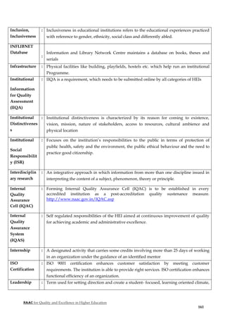 NAAC for Quality and Excellence in Higher Education
161
Inclusion,
Inclusiveness
: Inclusiveness in educational institutions refers to the educational experiences practiced
with reference to gender, ethnicity, social class and differently abled.
INFLIBNET
Database
:
Information and Library Network Centre maintains a database on books, theses and
serials
Infrastructure : Physical facilities like building, playfields, hostels etc. which help run an institutional
Programme.
Institutional
Information
for Quality
Assessment
(IIQA)
: IIQA is a requirement, which needs to be submitted online by all categories of HEIs
Institutional
Distinctivenes
s
: Institutional distinctiveness is characterized by its reason for coming to existence,
vision, mission, nature of stakeholders, access to resources, cultural ambience and
physical location
Institutional
Social
Responsibilit
y (ISR)
: Focuses on the institution’s responsibilities to the public in terms of protection of
public health, safety and the environment, the public ethical behaviour and the need to
practice good citizenship.
Interdisciplin
ary research
: An integrative approach in which information from more than one discipline issued in
interpreting the content of a subject, phenomenon, theory or principle.
Internal
Quality
Assurance
Cell (IQAC)
: Forming Internal Quality Assurance Cell (IQAC) is to be established in every
accredited institution as a post-accreditation quality sustenance measure.
http://www.naac.gov.in/IQAC.asp
Internal
Quality
Assurance
System
(IQAS)
: Self regulated responsibilities of the HEI aimed at continuous improvement of quality
for achieving academic and administrative excellence.
Internship : A designated activity that carries some credits involving more than 25 days of working
in an organization under the guidance of an identified mentor
ISO
Certification
: ISO 9001 certification enhances customer satisfaction by meeting customer
requirements. The institution is able to provide right services. ISO certification enhances
functional efficiency of an organization.
Leadership : Term used for setting direction and create a student- focused, learning oriented climate,
 