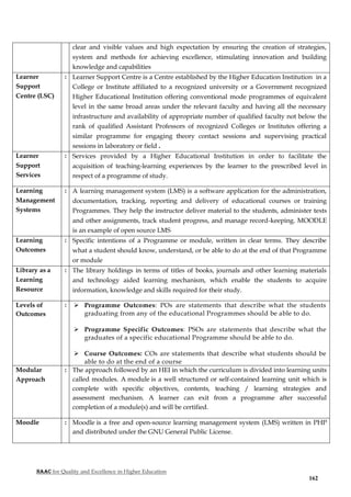 NAAC for Quality and Excellence in Higher Education
162
clear and visible values and high expectation by ensuring the creation of strategies,
system and methods for achieving excellence, stimulating innovation and building
knowledge and capabilities
Learner
Support
Centre (LSC)
: Learner Support Centre is a Centre established by the Higher Education Institution in a
College or Institute affiliated to a recognized university or a Government recognized
Higher Educational Institution offering conventional mode programmes of equivalent
level in the same broad areas under the relevant faculty and having all the necessary
infrastructure and availability of appropriate number of qualified faculty not below the
rank of qualified Assistant Professors of recognized Colleges or Institutes offering a
similar programme for engaging theory contact sessions and supervising practical
sessions in laboratory or field .
Learner
Support
Services
: Services provided by a Higher Educational Institution in order to facilitate the
acquisition of teaching-learning experiences by the learner to the prescribed level in
respect of a programme of study.
Learning
Management
Systems
: A learning management system (LMS) is a software application for the administration,
documentation, tracking, reporting and delivery of educational courses or training
Programmes. They help the instructor deliver material to the students, administer tests
and other assignments, track student progress, and manage record-keeping. MOODLE
is an example of open source LMS
Learning
Outcomes
: Specific intentions of a Programme or module, written in clear terms. They describe
what a student should know, understand, or be able to do at the end of that Programme
or module
Library as a
Learning
Resource
: The library holdings in terms of titles of books, journals and other learning materials
and technology aided learning mechanism, which enable the students to acquire
information, knowledge and skills required for their study.
Levels of
Outcomes
:  Programme Outcomes: POs are statements that describe what the students
graduating from any of the educational Programmes should be able to do.
 Programme Specific Outcomes: PSOs are statements that describe what the
graduates of a specific educational Programme should be able to do.
 Course Outcomes: COs are statements that describe what students should be
able to do at the end of a course
Modular
Approach
: The approach followed by an HEI in which the curriculum is divided into learning units
called modules. A module is a well structured or self-contained learning unit which is
complete with specific objectives, contents, teaching / learning strategies and
assessment mechanism. A learner can exit from a programme after successful
completion of a module(s) and will be certified.
Moodle : Moodle is a free and open-source learning management system (LMS) written in PHP
and distributed under the GNU General Public License.
 