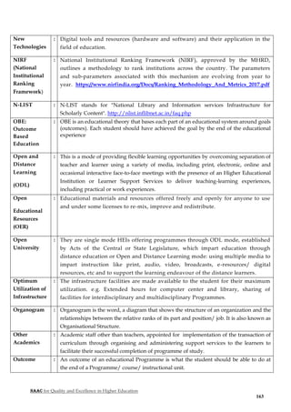 NAAC for Quality and Excellence in Higher Education
163
New
Technologies
: Digital tools and resources (hardware and software) and their application in the
field of education.
NIRF
(National
Institutional
Ranking
Framework)
: National Institutional Ranking Framework (NIRF), approved by the MHRD,
outlines a methodology to rank institutions across the country. The parameters
and sub-parameters associated with this mechanism are evolving from year to
year. https://www.nirfindia.org/Docs/Ranking_Methodology_And_Metrics_2017.pdf
N-LIST : N-LIST stands for "National Library and Information services Infrastructure for
Scholarly Content". http://nlist.inflibnet.ac.in/faq.php
OBE:
Outcome
Based
Education
: OBE is an educational theory that bases each part of an educational system around goals
(outcomes). Each student should have achieved the goal by the end of the educational
experience
Open and
Distance
Learning
(ODL)
: This is a mode of providing flexible learning opportunities by overcoming separation of
teacher and learner using a variety of media, including print, electronic, online and
occasional interactive face-to-face meetings with the presence of an Higher Educational
Institution or Learner Support Services to deliver teaching-learning experiences,
including practical or work experiences.
Open
Educational
Resources
(OER)
: Educational materials and resources offered freely and openly for anyone to use
and under some licenses to re-mix, improve and redistribute.
Open
University
: They are single mode HEIs offering programmes through ODL mode, established
by Acts of the Central or State Legislature, which impart education through
distance education or Open and Distance Learning mode: using multiple media to
impart instruction like print, audio, video, broadcasts, e-resources/ digital
resources, etc and to support the learning endeavour of the distance learners.
Optimum
Utilization of
Infrastructure
: The infrastructure facilities are made available to the student for their maximum
utilization. e.g. Extended hours for computer center and library, sharing of
facilities for interdisciplinary and multidisciplinary Programmes.
Organogram : Organogram is the word, a diagram that shows the structure of an organization and the
relationships between the relative ranks of its part and position/ job. It is also known as
Organisational Structure.
Other
Academics
: Academic staff other than teachers, appointed for implementation of the transaction of
curriculum through organising and administering support services to the learners to
facilitate their successful completion of programme of study.
Outcome : An outcome of an educational Programme is what the student should be able to do at
the end of a Programme/ course/ instructional unit.
 