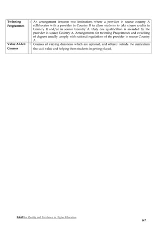 NAAC for Quality and Excellence in Higher Education
167
Twinning
Programmes
: An arrangement between two institutions where a provider in source country A
collaborates with a provider in Country B to allow students to take course credits in
Country B and/or in source Country A. Only one qualification is awarded by the
provider in source Country A. Arrangements for twinning Programmes and awarding
of degrees usually comply with national regulations of the provider in source Country
A.
Value Added
Courses
: Courses of varying durations which are optional, and offered outside the curriculum
that add value and helping them students in getting placed.
 