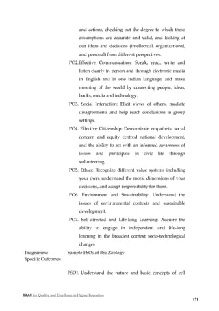 NAAC for Quality and Excellence in Higher Education
171
and actions, checking out the degree to which these
assumptions are accurate and valid, and looking at
our ideas and decisions (intellectual, organizational,
and personal) from different perspectives.
PO2.Effective Communication: Speak, read, write and
listen clearly in person and through electronic media
in English and in one Indian language, and make
meaning of the world by connecting people, ideas,
books, media and technology.
PO3. Social Interaction: Elicit views of others, mediate
disagreements and help reach conclusions in group
settings.
PO4. Effective Citizenship: Demonstrate empathetic social
concern and equity centred national development,
and the ability to act with an informed awareness of
issues and participate in civic life through
volunteering.
PO5. Ethics: Recognize different value systems including
your own, understand the moral dimensions of your
decisions, and accept responsibility for them.
PO6. Environment and Sustainability: Understand the
issues of environmental contexts and sustainable
development.
PO7. Self-directed and Life-long Learning: Acquire the
ability to engage in independent and life-long
learning in the broadest context socio-technological
changes
Programme
Specific Outcomes
Sample PSOs of BSc Zoology
PSO1. Understand the nature and basic concepts of cell
 