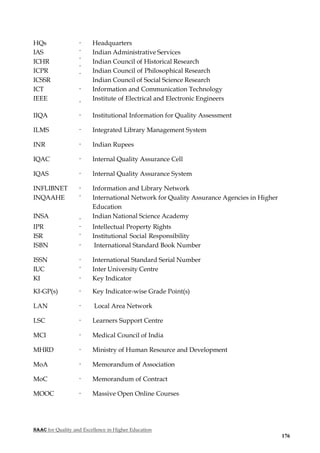 NAAC for Quality and Excellence in Higher Education
176
HQs
IAS
ICHR
ICPR
ICSSR
-
-
-
-
-
Headquarters
Indian Administrative Services
Indian Council of Historical Research
Indian Council of Philosophical Research
Indian Council of Social Science Research
ICT
IEEE
-
-
Information and Communication Technology
Institute of Electrical and Electronic Engineers
IIQA - Institutional Information for Quality Assessment
ILMS - Integrated Library Management System
INR - Indian Rupees
IQAC - Internal Quality Assurance Cell
IQAS - Internal Quality Assurance System
INFLIBNET
INQAAHE
INSA
-
-
-
Information and Library Network
International Network for Quality Assurance Agencies in Higher
Education
Indian National Science Academy
IPR
ISR
-
-
Intellectual Property Rights
Institutional Social Responsibility
ISBN - International Standard Book Number
ISSN
IUC
-
-
International Standard Serial Number
Inter University Centre
KI - Key Indicator
KI-GP(s) - Key Indicator-wise Grade Point(s)
LAN - Local Area Network
LSC - Learners Support Centre
MCI - Medical Council of India
MHRD - Ministry of Human Resource and Development
MoA - Memorandum of Association
MoC - Memorandum of Contract
MOOC - Massive Open Online Courses
 