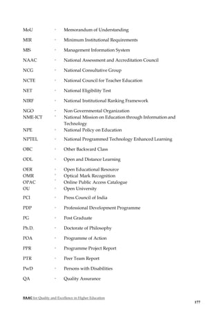 NAAC for Quality and Excellence in Higher Education
177
MoU - Memorandum of Understanding
MIR - Minimum Institutional Requirements
MIS - Management Information System
NAAC - National Assessment and Accreditation Council
NCG - National Consultative Group
NCTE - National Council for Teacher Education
NET - National Eligibility Test
NIRF - National Institutional Ranking Framework
NGO
NME-ICT
-
-
Non Governmental Organization
National Mission on Education through Information and
Technology
NPE - National Policy on Education
NPTEL - National Programmed Technology Enhanced Learning
OBC - Other Backward Class
ODL - Open and Distance Learning
OER
OMR
OPAC
-
-
-
Open Educational Resource
Optical Mark Recognition
Online Public Access Catalogue
OU - Open University
PCI - Press Council of India
PDP - Professional Development Programme
PG - Post Graduate
Ph.D. - Doctorate of Philosophy
POA - Programme of Action
PPR - Programme Project Report
PTR - Peer Team Report
PwD - Persons with Disabilities
QA - Quality Assurance
 