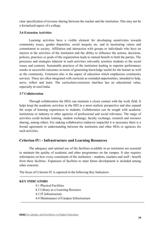 NAAC for Quality and Excellence in Higher Education
18
clear specification of revenue sharing between the teacher and the institution. This may not be
a formalized aspect of a college.
3.6 Extension Activities
Learning activities have a visible element for developing sensitivities towards
community issues, gender disparities, social inequity etc. and in inculcating values and
commitment to society. Affiliation and interaction with groups or individuals who have an
interest in the activities of the institution and the ability to influence the actions, decisions,
policies, practices or goals of the organization leads to mutual benefit to both the parties. The
processes and strategies inherent in such activities relevantly sensitize students to the social
issues and contexts. Sustainable practices of the institution leading to superior performance
results in successful outcomes in terms of generating knowledge useful for the learner as well
as the community. Extension also is the aspect of education which emphasizes community
services. These are often integrated with curricula as extended opportunities, intended to help,
serve, reflect and learn. The curriculum-extension interface has an educational value,
especially in rural India.
3.7 Collaboration
Through collaboration the HEIs can maintain a closer contact with the work field. It
helps keep the academic activities in the HEI in a more realistic perspective and also expand
the scope of learning experiences to students. Collaboration can be sought with academic
institutions or industry or other agencies of professional and social relevance. The range of
activities could include training, student exchange, faculty exchange, research and resource
sharing, among others. For making collaborative endeavor impactful it is necessary there is a
formal agreement or understanding between the institution and other HEIs or agencies for
such activities.
Criterion IV: - Infrastructure and Learning Resources
The adequacy and optimal use of the facilities available in an institution are essential
to maintain the quality of academic and other programmes on the campus. It also requires
information on how every constituent of the institution - students, teachers and staff - benefit
from these facilities. Expansion of facilities to meet future development is included among
other concerns.
The focus of Criterion IV is captured in the following Key Indicators:
KEY INDICATORS
4.1 Physical Facilities
4.2 Library as a Learning Resource
4.3 IT Infrastructure
4.4 Maintenance of Campus Infrastructure
 