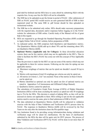 NAAC for Quality and Excellence in Higher Education
28
paid shall be forfeited and the HEIs have to come afresh by submitting IIQA with the
requisite fees. In any case fees for IIQA will not be refundable.
4. The SSR has to be uploaded as per the format in portal of NAAC. After submission of
SSR on NAAC portal HEI would receive an auto generated link/ID of SSR in their
registered email id. The same SSR in .pdf format should be then uploaded on
institutional website.
5. The SSR has to be submitted only online. HEIs should make necessary preparations
with the required data, documents and/or responses before logging on to the NAAC
website for submission of SSR online. Careful study of the Manual will be of great
help in this regard.
6. HEIs are requested to go through the Standard Operating Procedure (SOP) available
in Apply Online Tab in NAAC website, before preparation of SSR.
7. As indicated earlier, the SSR comprises both Qualitative and Quantitative metrics.
The Quantitative Metrics (QnM) add up to about 70% and the remaining about 30%
are Qualitative Metrics (QlM).
8. Optional Metrics (Applicable only for Colleges): In these diversified education
system, there can be few metrics which may not be applicable to the HEI’s. Thus in
order to facilitate the HEI’s NAAC has come out with this concept of Non Applicable
Metrics.
Thus the provision is made for the HEI’s to opt out some of the metrics which may not
be applicable to them for various reasons. Following are the rules for opting out non
applicable metrics:
a) Maximum weightage of metrics that can be opted out shouldn’t exceed 30 (up to
3%).
b) Metrics with maximum of total 10 weightage per criteria can only be opted out.
c) All metrics in Criteria 1, 2 & 7 are essential. None of the metrics in these Criteria
can be opted out.
d) Metrics identified as optional can only be opted out (list of optional metrics are
stated in Appendices 3 of Autonomous and Affiliated College Manual).
e) Qualitative metrics cannot be opted out.
The calculation of Cumulative Grade Point Average (CGPA) of Higher Education
Institutions (HEIs) will be done excluding the metrics as opted out with 30 weightage
(up to 3%) by the HEIs. This decision is aimed at helping HEIs, as they will not be
assessed on metrics not applicable to them. HEIs willing to opt out the non applicable
metrics need to exercise the same, prior to final submission of SSR to NAAC.
9. The data submitted on Quantitative Metrics (QnM) will be subjected to validation
exercise with the help of Data Validation and Verification (DVV) process done by
NAAC. The responses to Qualitative Metrics (QlM) will be reviewed by the Peer
Team on site only after the institution clears the Pre-qualifier stage.
10. Any Institution found to be providing wrong information/data during validation and
verification stage will be asked for clarifications. On the basis of clarifications
submitted by the HEIs the data will be again sent for DVV process. The process of
Data Validation and Verification (DVV) by NAAC will be done in not more than 30
days.
 