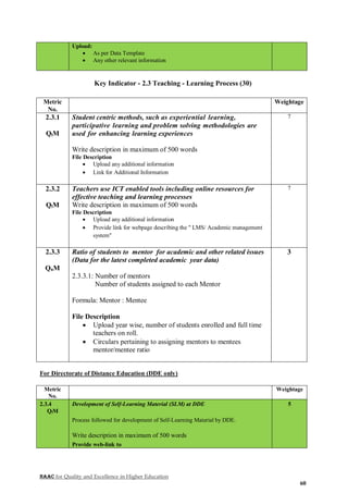 NAAC for Quality and Excellence in Higher Education
60
Upload:
 As per Data Template
 Any other relevant information
Key Indicator - 2.3 Teaching - Learning Process (30)
Metric
No.
Weightage
2.3.1
QlM
Student centric methods, such as experiential learning,
participative learning and problem solving methodologies are
used for enhancing learning experiences
Write description in maximum of 500 words
File Description
 Upload any additional information
 Link for Additional Information
7
2.3.2
QlM
Teachers use ICT enabled tools including online resources for
effective teaching and learning processes
Write description in maximum of 500 words
File Description
 Upload any additional information
 Provide link for webpage describing the " LMS/ Academic management
system"
7
2.3.3
QnM
Ratio of students to mentor for academic and other related issues
(Data for the latest completed academic year data)
2.3.3.1: Number of mentors
Number of students assigned to each Mentor
Formula: Mentor : Mentee
File Description
 Upload year wise, number of students enrolled and full time
teachers on roll.
 Circulars pertaining to assigning mentors to mentees
mentor/mentee ratio
3
For Directorate of Distance Education (DDE only)
Metric
No.
Weightage
2.3.4
QlM
Development of Self-Learning Material (SLM) at DDE
Process followed for development of Self-Learning Material by DDE.
Write description in maximum of 500 words
Provide web-link to
5
 