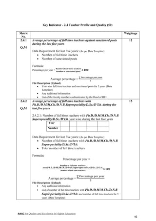NAAC for Quality and Excellence in Higher Education
62
Key Indicator - 2.4 Teacher Profile and Quality (50)
Metric
No.
Weightage
2.4.1
QnM
Average percentage of full time teachers against sanctioned posts
during the last five years
Data Requirement for last five years: (As per Data Template)
 Number of full time teachers
 Number of sanctioned posts
Formula:
Percentage per year =
𝐍𝐮𝐦𝐛𝐞𝐫 𝐨𝐟 𝐟𝐮𝐥𝐥 𝐭𝐢𝐦𝐞 𝐭𝐞𝐚𝐜𝐡𝐞𝐫𝐬
𝐍𝐮𝐦𝐛𝐞𝐫 𝐨𝐟 𝐬𝐚𝐧𝐜𝐭𝐢𝐨𝐧𝐞𝐝 𝐩𝐨𝐬𝐭𝐬
X 𝟏𝟎𝟎
Average percentage =
∑ Percentage per year
5
File Description (Upload)
 Year wise full time teachers and sanctioned posts for 5 years (Data
Template)
 Any additional information
 List of the faculty members authenticated by the Head of HEI
12
2.4.2
QnM
Average percentage of full time teachers with
Ph.D./D.M/M.Ch./D.N.B Superspeciality/D.Sc./D’Lit. during the
last five years
2.4.2.1: Number of full time teachers with Ph.D./D.M/M.Ch./D.N.B
Superspeciality/D.Sc./D’Lit. year wise during the last five years
Year
Number
Data Requirement for last five years: (As per Data Template)
 Number of full time teachers with Ph.D./D.M/M.Ch./D.N.B
Superspeciality/D.Sc./D’Lit.
 Total number of full time teachers
Formula:
Percentage per year =
𝐍𝐮𝐦𝐛𝐞𝐫 𝐨𝐟 𝐟𝐮𝐥𝐥 𝐭𝐢𝐦𝐞 𝐭𝐞𝐚𝐜𝐡𝐞𝐫𝐬
𝒘𝒊𝒕𝒉 𝑷𝒉.𝑫./𝑫.𝑴/𝑴.𝑪𝒉./𝑫.𝑵.𝑩 𝑺𝒖𝒑𝒆𝒓𝒔𝒑𝒆𝒄𝒊𝒂𝒍𝒊𝒕𝒚/𝑫.𝑺𝒄./𝑫’𝑳𝒊𝒕.
𝐍𝐮𝐦𝐛𝐞𝐫 𝐨𝐟 𝐟𝐮𝐥𝐥 𝐭𝐢𝐦𝐞 𝐭𝐞𝐚𝐜𝐡𝐞𝐫𝐬
X 𝟏𝟎𝟎
Average percentage =
∑ Percentage per year
5
File Description (Upload)
 Any additional information
 List of number of full time teachers with Ph.D./D.M/M.Ch./D.N.B
Superspeciality/D.Sc./D’Lit. and number of full time teachers for 5
years (Data Template)
15
 