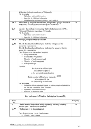 NAAC for Quality and Excellence in Higher Education
67
Write description in maximum of 500 words
File Description
 Upload any additional information
 Paste link for Additional Information
 Upload COs for all courses (exemplars from Glossary)
2.6.2
QlM
Attainment of Programme outcomes, Programme specific outcomes
and course outcomes are evaluated by the institution
Describe the method of measuring the level of attainment of POs ,
PSOs and COs in not more than 500 words.
File Description
 Upload any additional information
 Paste link for Additional Information
10
2.6.3
QnM
Average pass percentage of students
2.6.3.1: Total number of final year students who passed the
university examination
2.6.3.2: Total number of final year students who appeared for the
university examination
Data Requirement: (As per Data Template)
 Programme Code
 Name of the Programme
 Number of students appeared
 Number of students passed
 Pass percentage
Formula:
Total number of final year
students who passed
in the university examination
Total number of final year students
who appeared for
the university examination
X 100
File Description
 Upload list of Programmes and number of students passed and appeared in
the final year examination (Data Template)
 Upload any additional information
 Paste link for the annual report
10
Key Indicator - 2.7 Student Satisfaction Survey (30)
Metric
No.
Weightage
2.7.1
QnM
Online student satisfaction survey regarding teaching learning
process. (for Conventional Students)
(Online survey to be conducted)
Data Requirements: (As per Data Template)
 Name/ Class/ Gender
20
 