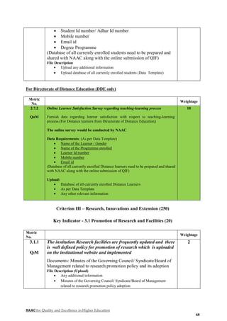 NAAC for Quality and Excellence in Higher Education
68
 Student Id number/ Adhar Id number
 Mobile number
 Email id
 Degree Programme
(Database of all currently enrolled students need to be prepared and
shared with NAAC along with the online submission of QIF)
File Description
 Upload any additional information
 Upload database of all currently enrolled students (Data Template)
For Directorate of Distance Education (DDE only)
Metric
No.
Weightage
2.7.2
QnM
Online Learner Satisfaction Survey regarding teaching-learning process
Furnish data regarding learner satisfaction with respect to teaching-learning
process.(For Distance learners from Directorate of Distance Education)
The online survey would be conducted by NAAC
Data Requirements: (As per Data Template)
 Name of the Learner / Gender
 Name of the Programme enrolled
 Learner Id number
 Mobile number
 Email id
(Database of all currently enrolled Distance learners need to be prepared and shared
with NAAC along with the online submission of QIF)
Upload:
 Database of all currently enrolled Distance Learners
 As per Data Template
 Any other relevant information
10
Criterion III – Research, Innovations and Extension (250)
Key Indicator - 3.1 Promotion of Research and Facilities (20)
Metric
No.
Weightage
3.1.1
QlM
The institution Research facilities are frequently updated and there
is well defined policy for promotion of research which is uploaded
on the institutional website and implemented
Documents: Minutes of the Governing Council/ Syndicate/Board of
Management related to research promotion policy and its adoption
File Description (Upload)
 Any additional information
 Minutes of the Governing Council/ Syndicate/Board of Management
related to research promotion policy adoption
2
 