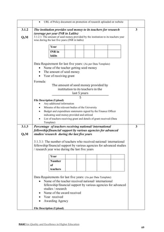 NAAC for Quality and Excellence in Higher Education
69
 URL of Policy document on promotion of research uploaded on website
3.1.2
QnM
The institution provides seed money to its teachers for research
(average per year INR in Lakhs)
3.1.2.1: The amount of seed money provided by the institution to its teachers year
wise during the last five years (INR in lakhs)
Year
INR in
lakhs
Data Requirement for last five years: (As per Data Template)
 Name of the teacher getting seed money
 The amount of seed money
 Year of receiving grant
Formula:
The amount of seed money provided by
institution to its teachers in the
last 5 years
5
File Description (Upload)
 Any additional information
 Minutes of the relevant bodies of the University
 Budget and expenditure statements signed by the Finance Officer
indicating seed money provided and utilized
 List of teachers receiving grant and details of grant received (Data
Template)
3
3.1.3
QnM
Percentage of teachers receiving national/ international
fellowship/financial support by various agencies for advanced
studies/ research during the last five years
3.1.3.1: The number of teachers who received national/ international
fellowship/financial support by various agencies for advanced studies
/ research year wise during the last five years
Year
Number
of
teachers
Data Requirements for last five years: (As per Data Template)
 Name of the teacher received national/ international
fellowship/financial support by various agencies for advanced
studies / research
 Name of the award received
 Year received
 Awarding Agency
File Description (Upload)
3
 