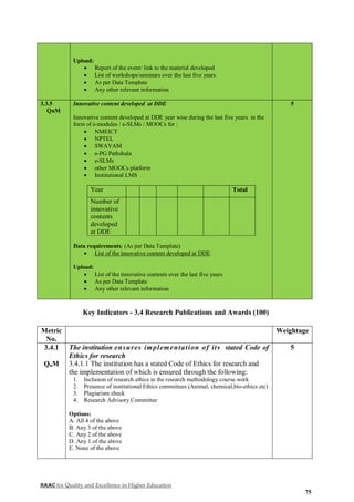 NAAC for Quality and Excellence in Higher Education
75
Upload:
 Report of the event/ link to the material developed
 List of workshops/seminars over the last five years
 As per Data Template
 Any other relevant information
3.3.5
QnM
Innovative content developed at DDE
Innovative content developed at DDE year wise during the last five years in the
form of e-modules / e-SLMs / MOOCs for :
 NMEICT
 NPTEL
 SWAYAM
 e-PG Pathshala
 e-SLMs
 other MOOCs platform
 Institutional LMS
Year Total
Number of
innovative
contents
developed
at DDE
Data requirements: (As per Data Template)
 List of the innovative content developed at DDE
Upload:
 List of the innovative contents over the last five years
 As per Data Template
 Any other relevant information
5
Key Indicators - 3.4 Research Publications and Awards (100)
Metric
No.
Weightage
3.4.1
QnM
The institution ensures implementation of its stated Code of
Ethics for research
3.4.1.1 The institution has a stated Code of Ethics for research and
the implementation of which is ensured through the following:
1. Inclusion of research ethics in the research methodology course work
2. Presence of institutional Ethics committees (Animal, chemical,bio-ethics etc)
3. Plagiarism check
4. Research Advisory Committee
Options:
A. All 4 of the above
B. Any 3 of the above
C. Any 2 of the above
D. Any 1 of the above
E. None of the above
5
 
