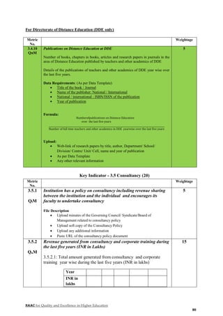 NAAC for Quality and Excellence in Higher Education
80
For Directorate of Distance Education (DDE only)
Metric
No.
Weightage
3.4.10
QnM
Publications on Distance Education at DDE
Number of books, chapters in books, articles and research papers in journals in the
area of Distance Education published by teachers and other academics of DDE
Details of the publications of teachers and other academics of DDE year wise over
the last five years.
Data Requirements: (As per Data Template)
 Title of the book / Journal
 Name of the publisher: National / International
 National / international : ISBN/ISSN of the publication
 Year of publication
Formula:
Numberofpublications on Distance Education
over the last five years
Number of full time teachers and other academics in DDE yearwise over the last five years
Upload:
 Web-link of research papers by title, author, Department/ School/
Division/ Centre/ Unit/ Cell, name and year of publication
 As per Data Template
 Any other relevant information
5
Key Indicator - 3.5 Consultancy (20)
Metric
No.
Weightage
3.5.1
QlM
Institution has a policy on consultancy including revenue sharing
between the institution and the individual and encourages its
faculty to undertake consultancy
File Description
 Upload minutes of the Governing Council/ Syndicate/Board of
Management related to consultancy policy
 Upload soft copy of the Consultancy Policy
 Upload any additional information
 Paste URL of the consultancy policy document
5
3.5.2
QnM
Revenue generated from consultancy and corporate training during
the last five years (INR in Lakhs)
3.5.2.1: Total amount generated from consultancy and corporate
training year wise during the last five years (INR in lakhs)
Year
INR in
lakhs
15
 