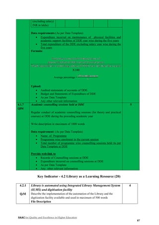 NAAC for Quality and Excellence in Higher Education
87
(excluding salary)
INR in lakhs)
Data requirements:(As per Data Template)
 Expenditure incurred on maintenance of physical facilities and
academic support facilities of DDE year wise during the five years
 Total expenditure of the DDE excluding salary year wise during the
five years
Formula:
X100
Average percentage =
Upload:
 Audited statements of accounts of DDE.
 Budget and Statements of Expenditure of DDE
 As per Data Template
 Any other relevant information
4.1.7
QlM
Academic counselling sessions held at DDE
Regular conduct of academic counselling sessions (for theory and practical
courses) at DDE during the preceding academic year
Write description in maximum of 1000 words
Data requirement: (As per Data Template)
 Name of Programme
 Programme wise enrolment in the current session
 Total number of programme wise counselling sessions held As per
Data Template at DDE
Provide web-link to
 Records of Counselling sessions at DDE
 Expenditure incurred on counselling sessions at DDE
 As per Data Template
 Any other relevant information
5
Key Indicator - 4.2 Library as a Learning Resource (20)
4.2.1
QlM
Library is automated using Integrated Library Management System
(ILMS) and digitisation facility
Describe the implementation of the automation of the Library and the
digitization facility available and used in maximum of 500 words
File Description
4
 