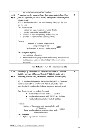 NAAC for Quality and Excellence in Higher Education
89
during the last five years (Data Template)
4.2.4
QnM
Percentage per day usage of library by teachers and students ( foot
falls and login data for online access) (Data for the latest completed
academic year)
4.2.4.1: Number of teachers and students using library per day over
last one year
Data Requirements:
 Upload last page of accession register details
 per day login/online users of library
 Number of users using library through e-access
 Number of physical users accessing library
Formula:
Number of teachers and students
using library per day
Total number of teachers and students
𝐗 𝟏𝟎𝟎
File Description (Upload)
 Any additional information
 Details of library usage by teachers and students (Library accession
register, online accession details to be provided as supporting
documents)
5
Key Indicator – 4.3 IT Infrastructure (30)
4.3.1
QnM
Percentage of classrooms and seminar halls with ICT - enabled
facilities such as LCD, smart board, Wi-Fi/LAN, audio video
recording facilities(Data for the latest completed academic year)
4.3.1.1: Number of classrooms and seminar halls with ICT-enabled
facilities such as LCD, smart board, Wi-Fi/LAN, audio video
recording facilities. (Data for the latest completed academic year)
Data Requirements: (As per Data Template)
 Number of classrooms with LCD facilities
 Number of classrooms with Wi-Fi/LAN facilities
 Number of seminar halls with ICT facilities
Formula:
Number of classrooms and seminar halls with
ICT facilities
Total number of classrooms/seminar halls
in the institution
× 𝟏𝟎𝟎
File Description
 Upload any additional information
5
 