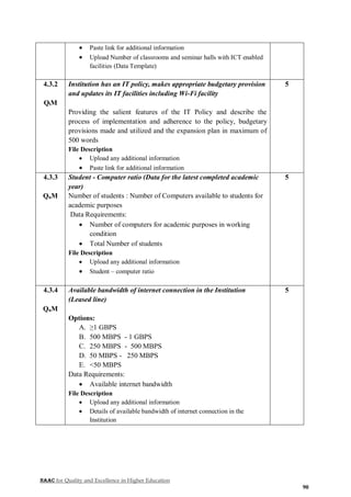 NAAC for Quality and Excellence in Higher Education
90
 Paste link for additional information
 Upload Number of classrooms and seminar halls with ICT enabled
facilities (Data Template)
4.3.2
QlM
Institution has an IT policy, makes appropriate budgetary provision
and updates its IT facilities including Wi-Fi facility
Providing the salient features of the IT Policy and describe the
process of implementation and adherence to the policy, budgetary
provisions made and utilized and the expansion plan in maximum of
500 words
File Description
 Upload any additional information
 Paste link for additional information
5
4.3.3
QnM
Student - Computer ratio (Data for the latest completed academic
year)
Number of students : Number of Computers available to students for
academic purposes
Data Requirements:
 Number of computers for academic purposes in working
condition
 Total Number of students
File Description
 Upload any additional information
 Student – computer ratio
5
4.3.4
QnM
Available bandwidth of internet connection in the Institution
(Leased line)
Options:
A. ≥1 GBPS
B. 500 MBPS - 1 GBPS
C. 250 MBPS - 500 MBPS
D. 50 MBPS - 250 MBPS
E. <50 MBPS
Data Requirements:
 Available internet bandwidth
File Description
 Upload any additional information
 Details of available bandwidth of internet connection in the
Institution
5
 