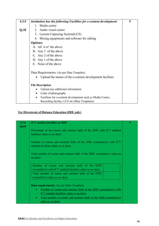 NAAC for Quality and Excellence in Higher Education
91
4.3.5
QnM
Institution has the following Facilities for e-content development
1. Media centre
2. Audio visual centre
3. Lecture Capturing System(LCS)
4. Mixing equipments and software for editing
Options:
A. All 4 of the above
B. Any 3 of the above
C. Any 2 of the above
D. Any 1 of the above
E. None of the above
Data Requirements: (As per Data Template)
 Upload the names of the e-content development facilities
File Description
 Upload any additional information
 Links of photographs
 Facilities for e-content development such as Media Centre,
Recording facility, LCS etc (Data Templates)
5
For Directorate of Distance Education (DDE only)
4.3.6
QnM
ICT enabled facilities at DDE
Percentage of the rooms and seminar halls of the DDE with ICT enabled
facilities (data as on date)
Number of rooms and seminar halls of the DDE (cumulative) with ICT
enabled facilities (data as on date)
Total number of rooms and seminar halls of the DDE (cumulative) (data as
on date)
Number of rooms and seminar halls of the DDE
(cumulative) with ICT enabled facilities (data as on date)
Total number of rooms and seminar halls of the DDE
(cumulative) (data as on date)
Data requirements: (As per Data Template)
 Number of rooms and seminar halls of the DDE (cumulative) with
ICT enabled facilities (data as on date)
 Total number of rooms and seminar halls of the DDE (cumulative)
(data as on date)
5
 