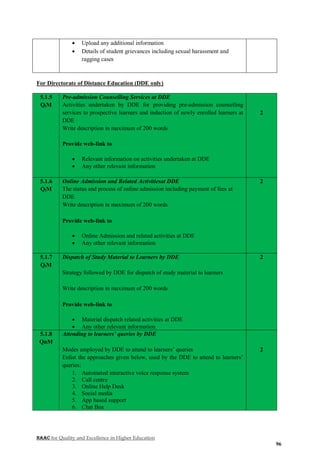 NAAC for Quality and Excellence in Higher Education
96
 Upload any additional information
 Details of student grievances including sexual harassment and
ragging cases
For Directorate of Distance Education (DDE only)
5.1.5
QlM
Pre-admission Counselling Services at DDE
Activities undertaken by DDE for providing pre-admission counselling
services to prospective learners and induction of newly enrolled learners at
DDE
Write description in maximum of 200 words
Provide web-link to
 Relevant information on activities undertaken at DDE
 Any other relevant information
2
5.1.6
QlM
Online Admission and Related Activitiesat DDE
The status and process of online admission including payment of fees at
DDE
Write description in maximum of 200 words
Provide web-link to
 Online Admission and related activities at DDE
 Any other relevant information
2
5.1.7
QlM
Dispatch of Study Material to Learners by DDE
Strategy followed by DDE for dispatch of study material to learners
Write description in maximum of 200 words
Provide web-link to
 Material dispatch related activities at DDE
 Any other relevant information
2
5.1.8
QnM
Attending to learners’ queries by DDE
Modes employed by DDE to attend to learners’ queries
Enlist the approaches given below, used by the DDE to attend to learners’
queries:
1. Automated interactive voice response system
2. Call centre
3. Online Help Desk
4. Social media
5. App based support
6. Chat Box
2
 