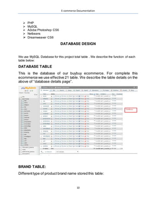 E-commerce Documentation
10
 PHP
 MySQL
 Adobe Photoshop CS6
 Netbeans
 Dreamweaver CS6
DATABASE DESIGN
We use MySQL Database for this project total table . We describe the function of each
table below:
DATABASE TABLE
This is the database of our buybuy ecommerce. For complete this
ecommerce we use effective 21 table. We describe the table details on the
above of “database details page”.
BRAND TABLE:
Differenttype of product brand name stored this table:
 