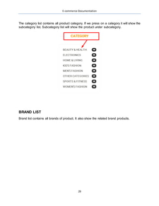 E-commerce Documentation
29
The category list contains all product category. If we press on a category it will show the
subcategory list. Subcategory list will show the product under subcategory.
BRAND LIST
Brand list contains all brands of product. It also show the related brand products.
 