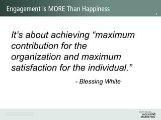 5
It’s about achieving “maximum
contribution for the organization and
maximum satisfaction for the individual.”
- Blessing White
Deﬁning Engagement
A = The Engaged
B = Almost Engaged
C = Honeymooners & Hamsters
D = Crash & Burners
E = The Disengaged
Blessing White. “The X Model of Employee Engagement.” August 19, 2014.
http://blessingwhite.com/video/the-x-model-of-employee-engagement/
 