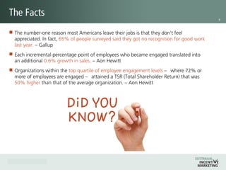 7
Recognition: An “after the fact” display of
appreciation or acknowledgement of an
individual's or team's desired behavior,
effort, or business result that supports the
organization's goals and values.
Incentive: A planned activity designed to
motivate an individual to achieve
predetermined organizational objectives.
Reward: To recompense. An item given to
an individual or team for meeting a pre-
determined goal.
Award: Something awarded or granted, as
for merit.
- “Principles of Results Based Incentive Program Design,”
Incentive Marketing Association
The Tools We Use To Engage
 