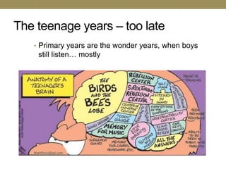 The teenage years – too late
   • Primary years are the wonder years, when boys
    still listen… mostly
 