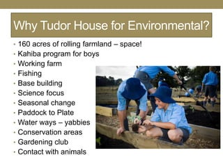 Why Tudor House for Environmental?
• 160 acres of rolling farmland – space!
• Kahiba program for boys
• Working farm
• Fishing
• Base building
• Science focus
• Seasonal change
• Paddock to Plate
• Water ways – yabbies
• Conservation areas
• Gardening club
• Contact with animals
 