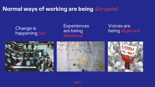 Normal ways of working are being disrupted
Change is
happening fast
Experiences
are being
distanced
Voices are
being dispe...
