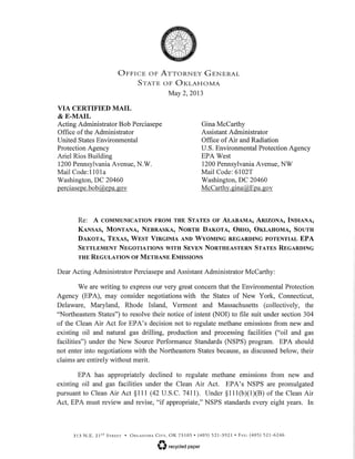 Letter from 13 States to Federal EPA Warning Them to Not Settle Lawsuit on Methane Emission Regulation