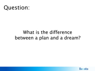 Question:
What is the difference
between a plan and a dream?
 
