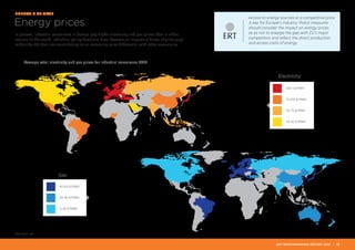 Average retail electricity and gas prices for industrial consumers 2012
Gas
40-60 €/MWh
20-40 €/MWh
0-20 €/MWh
Electricity
100+ €/MWh
75-100 €/MWh
50-75 €/MWh
25-50 €/MWh
Energy prices
In general, industrial consumers in Europe pay higher electricity and gas prices than in other
regions of the world. Individual policy decisions have become an important driver of price gaps
within the EU thus also contributing to an increasing price differential with other economies.
Access to energy sources at a competitive price
is key for Europe’s industry. Policy measures
should consider the impact on energy prices
so as not to enlarge the gap with EU’s major
competitors and reflect the direct production
and access costs of energy.
SOURCE: EC
ENERGY & CLIMATE
ERT BENCHMARKING REPORT 2015 | 13
 