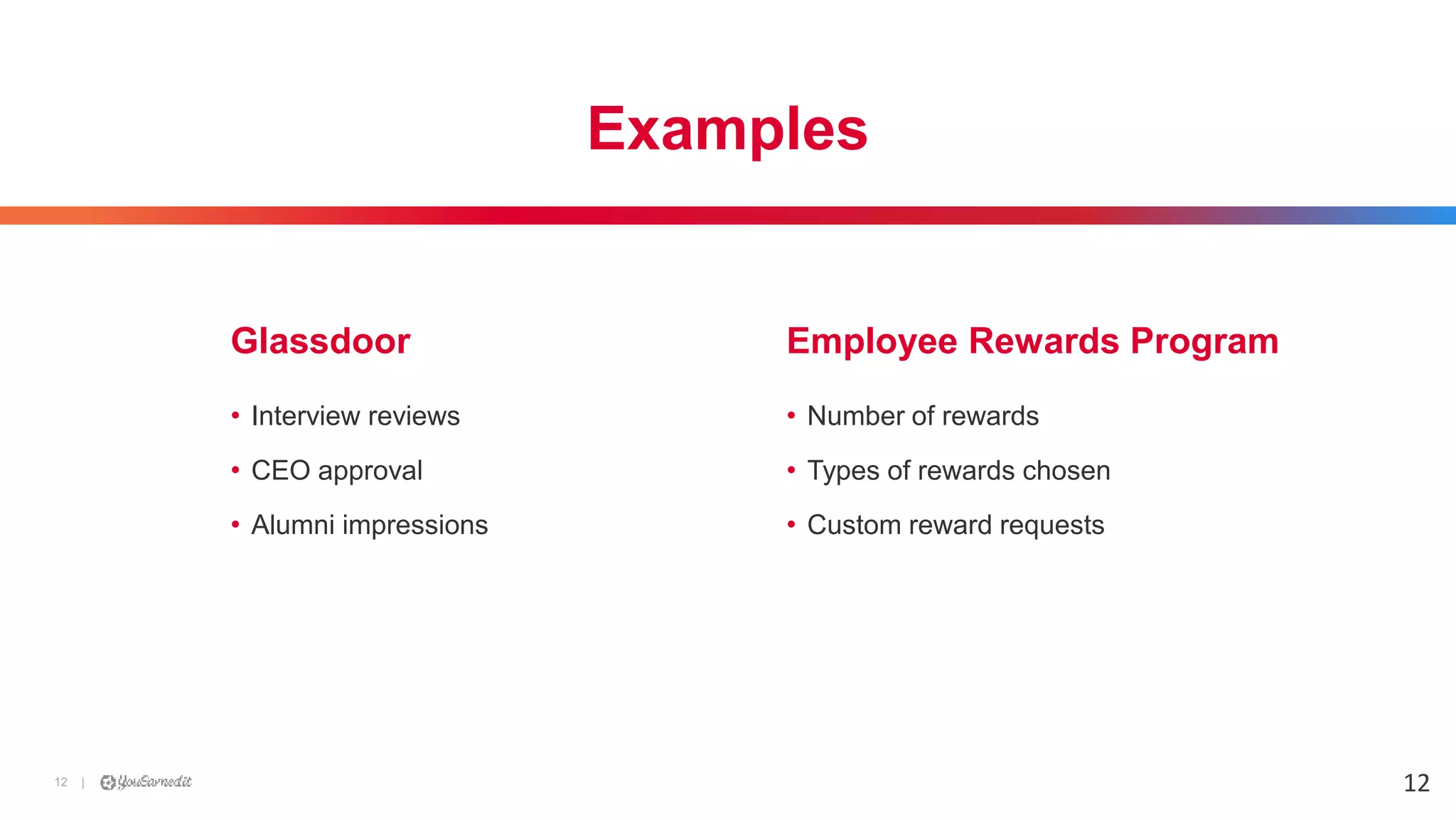 |12
Examples
• Interview reviews
• CEO approval
• Alumni impressions
Glassdoor Employee Rewards Program
• Number of rewards
• Types of rewards chosen
• Custom reward requests
12
 