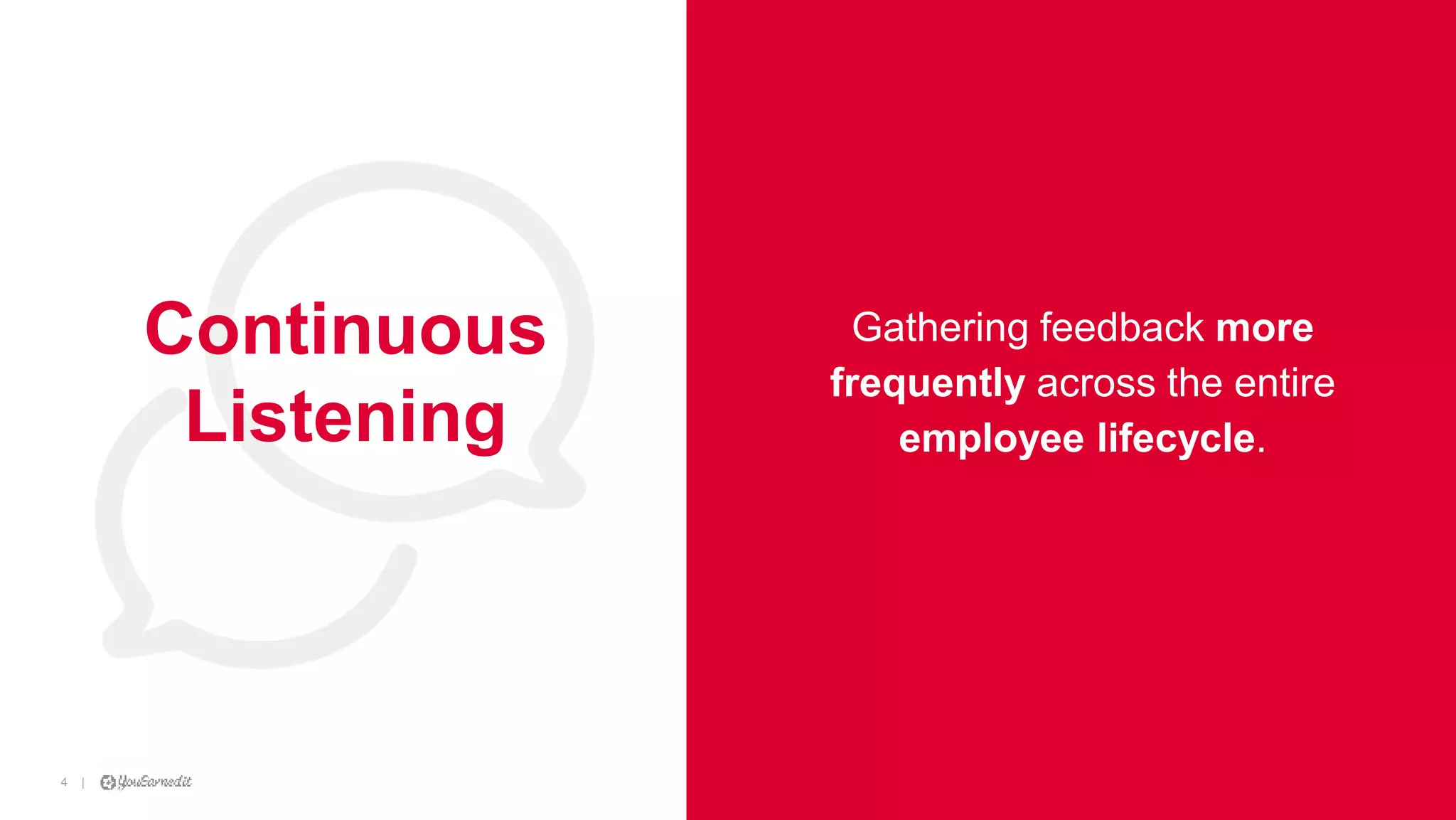 |4
|4 [CUSTOMER LOGO]
Continuous
Listening
Gathering feedback more
frequently across the entire
employee lifecycle.
 