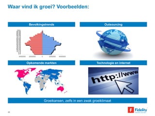 Waar vind ik groei? Voorbeelden: 
20 
Bevolkingstrends Outsourcing 
Technologie en internet 
100+ 
95-99 
90-94 
85-89 
80-84 
75-79 
70-74 
65-69 
60-64 
55-59 
50-54 
45-49 
40-44 
35-39 
30-34 
25-29 
20-24 
15-19 
10-14 
5-9 
0-4 
4000000 2000000 0 2000000 4000000 
Opkomende markten 
Groeikansen, zelfs in een zwak groeiklimaat 
 
