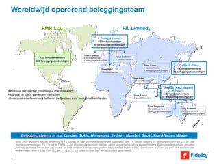 Wereldwijd opererend beleggingsteam 
•Mondiaal perspectief, plaatselijke marktdekking 
•Analyse op basis van eigen methoden 
•Onderzoeksmedewerkers beheren de fondsen voor bedrijfstakken/landen 
6 
FMR LLC* FIL Limited 
120 fondsbeheerders 
259 beleggingsdeskundigen 
Japan (Tokio) 
16 fondsbeheerders 
28 beleggingsdeskundigen 
Europa (Londen) 
68 fondsbeheerders 
94 beleggingsdeskundigen 
Team Frankrijk 
4 fondsbeheerders 
1 beleggingsdeskundige 
Team Duitsland 
4 fondsbeheerders 
Team Korea 
1 fondsbeheerder 
3 beleggingsdeskundigen 
Pacific (excl. Japan) 
(Hongkong) 
23 fondsbeheerders 
38 beleggingsdeskundigen 
Team Australië 
3 fondsbeheerders 
7 beleggingsdeskundigen 
Team India 
2 fondsbeheerders 
7 beleggingsdeskundigen 
Team Taiwan 
3 fondsbeheerders 
Team Italië 
1 fondsbeheerder 
Team Singapore 
4 fondsbeheerders 
7 beleggingsdeskundigen 
Beleggingsteams in o.a. Londen, Tokio, Hongkong, Sydney, Mumbai, Seoel, Frankfurt en Milaan 
Bron: Deze gegevens hebben betrekking op FIL Limited en haar dochterondernemingen. Daarnaast heeft FIL Limited toegang tot de middelen van FMR LLC en haar 
dochterondernemingen. FIL Limited en FMR LLC zijn afzonderlijke bedrijven met een aantal gemeenschappelijke aandeelhouders. Beleggingsdeskundigen omvatten 
partners, analisten, beheerders van landen- en sectorfondsen met researchverantwoordelijkheid en technische en kwantitatieve analisten die deel uit maken van een 
researchteam. Bron: FIL en FMR LLC per 31.12.2012. De cijfers zijn niet door een accountant geverifieerd. 
 
