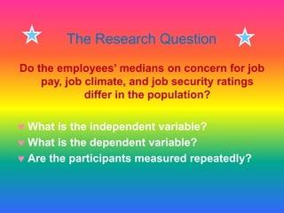The Research Question
Do the employees’ medians on concern for job
    pay, job climate, and job security ratings
             differ in the population?

 What is the independent variable?
 What is the dependent variable?
 Are the participants measured repeatedly?
 